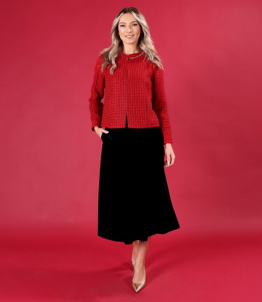 Elegant outfit with velvet midi skirt and jacket made of wool and viscose curls