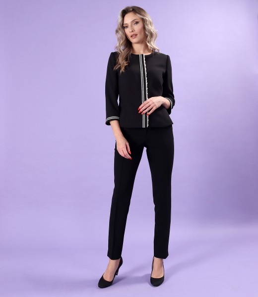 Womens office suit with jacket with pearls on the front and ankle pants