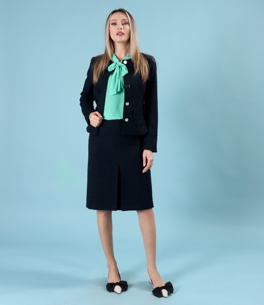 Womens office suit with jacket and flared skirt made of loops with viscose and cotton