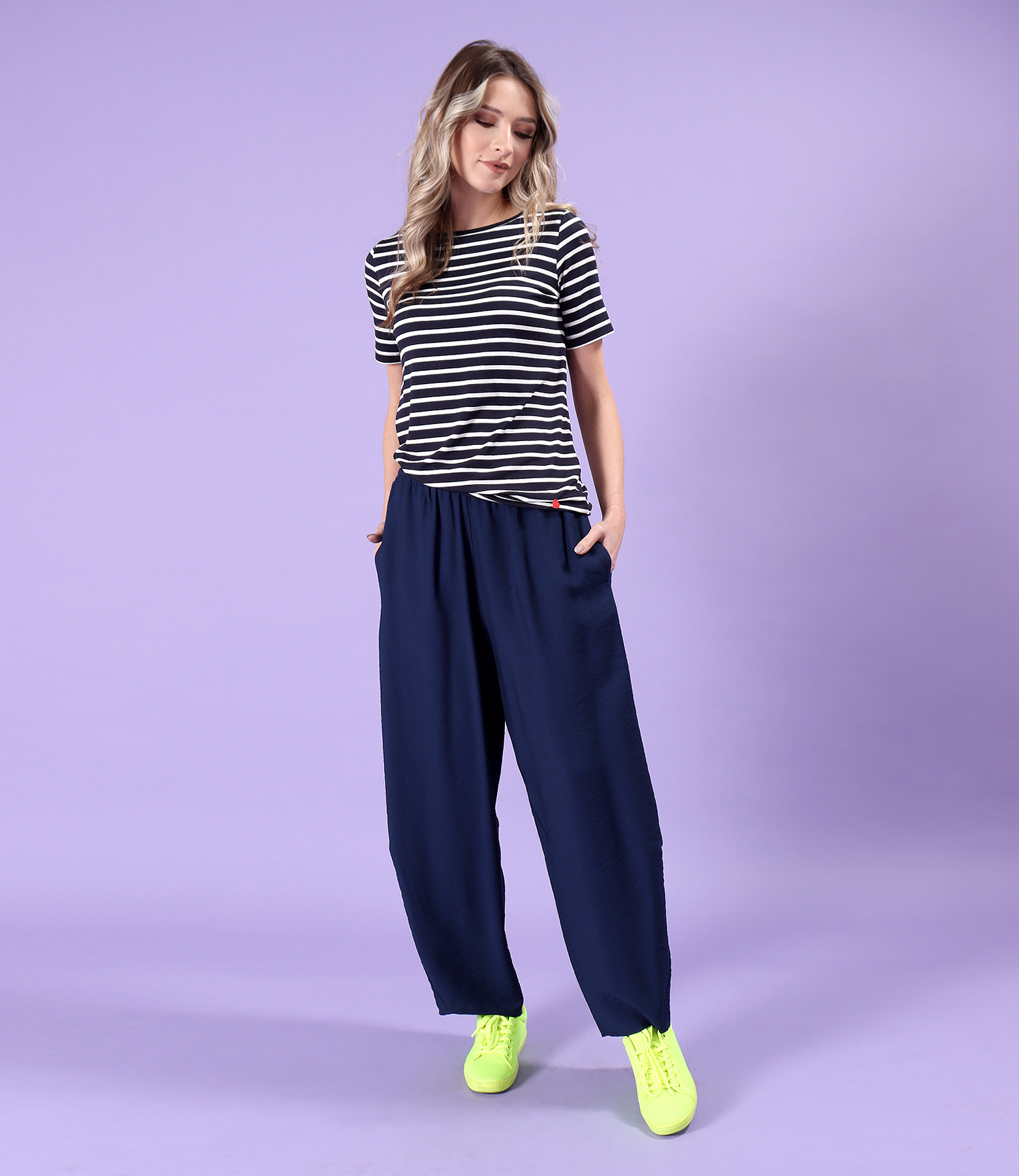 Slightly creped viscose pants and striped elastic jersey blouse