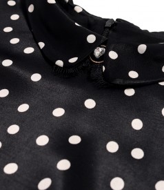 Elegant dress with satin viscose collar with polka dots and detachable brooch