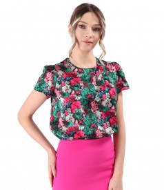 Elegant blouse in natural silk printed with floral motifs
