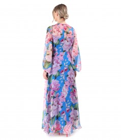 Long printed soft voile dress with oversized floral motifs
