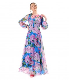 Long printed soft voile dress with oversized floral motifs