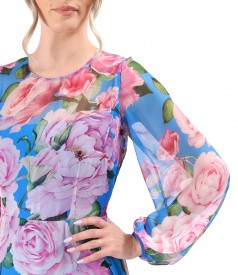 Long printed soft voile dress with oversized floral motifs