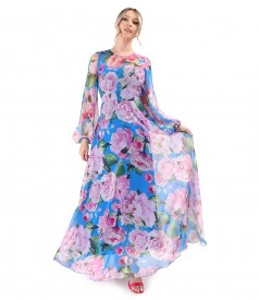 Long printed soft voile dress with oversized floral motifs