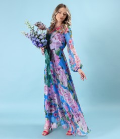 Long printed soft voile dress with oversized floral motifs
