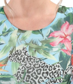 Midi dress with frill made of soft veil printed with floral motifs