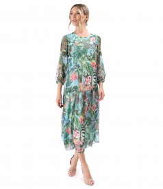 Midi dress with frill made of soft veil printed with floral motifs