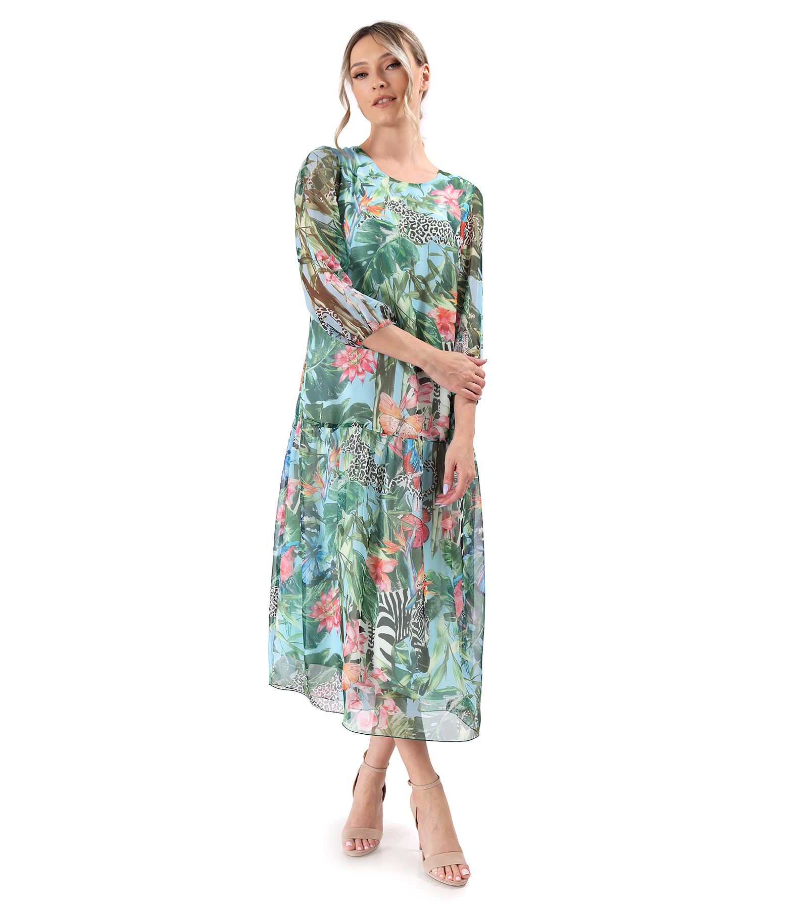 Midi dress with frill made of soft veil printed with floral motifs