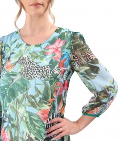 Midi dress with frill made of soft veil printed with floral motifs