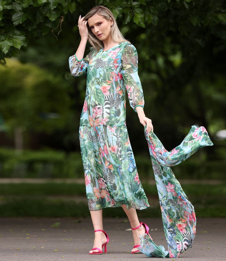 Midi dress with frill made of soft veil printed with floral motifs