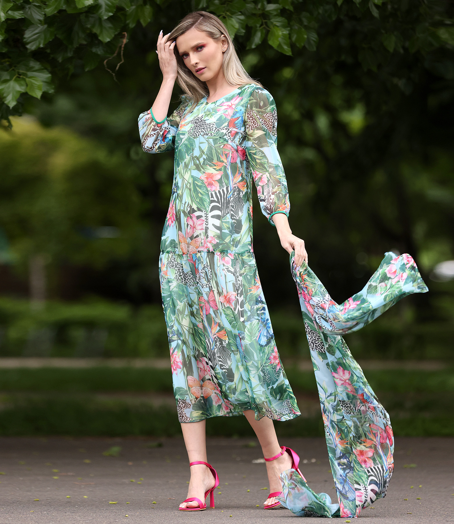 Midi dress with frill made of soft veil printed with floral motifs