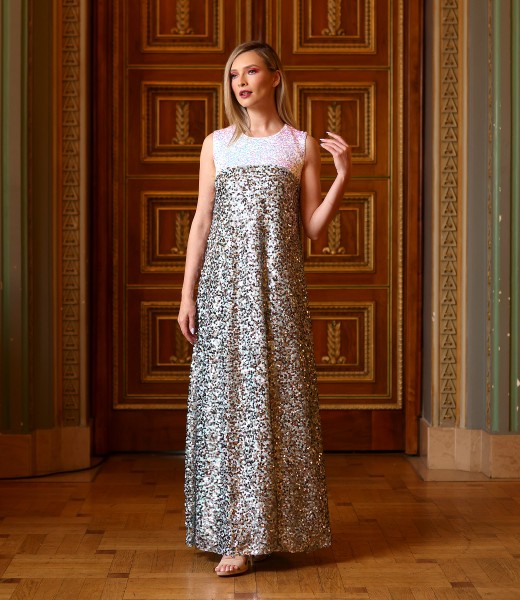 Long evening dress made of multicolored sequins