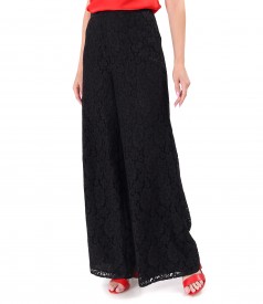Wide-leg pants made of cotton lace with floral motifs