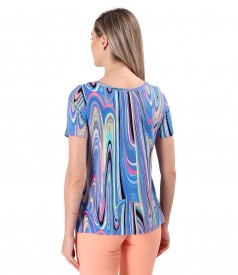 Elastic jersey blouse printed with geometric motifs