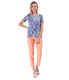 Elastic jersey blouse printed with geometric motifs