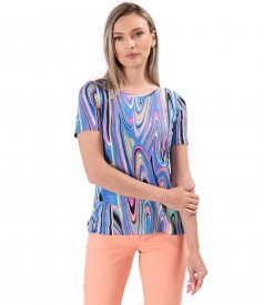 Elastic jersey blouse printed with geometric motifs