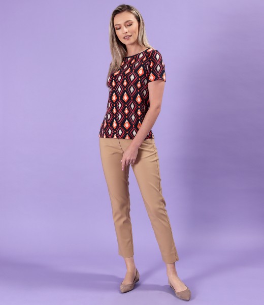 Printed elastic jersey blouse with ankle pants