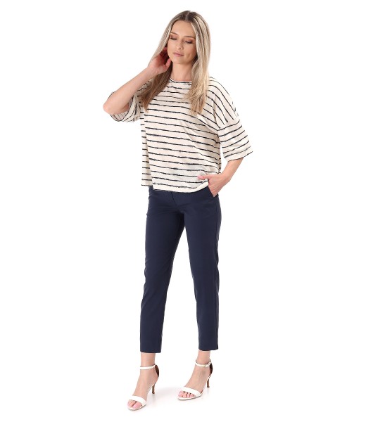 Pants made of Tencel with cotton and striped jersey blouse