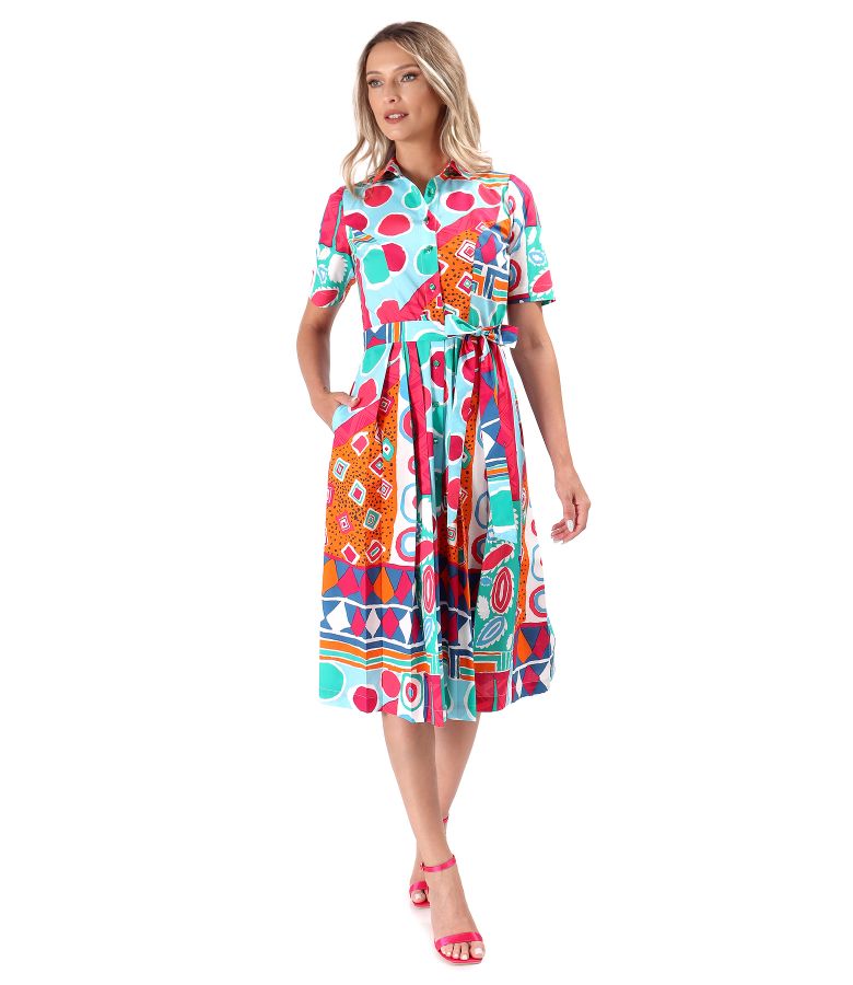 Shirt-type dress made of printed elastic cotton