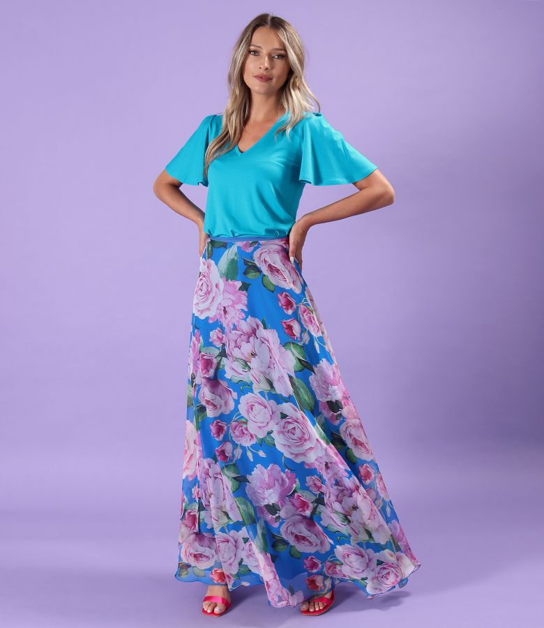 Elegant long voile skirt printed with floral motifs
