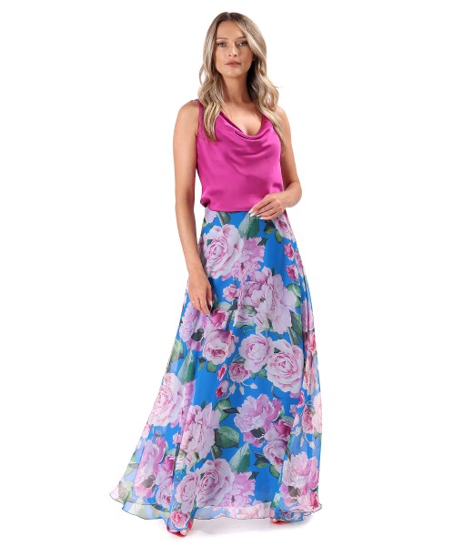 Long veil skirt printed with flowers and viscose satin blouse