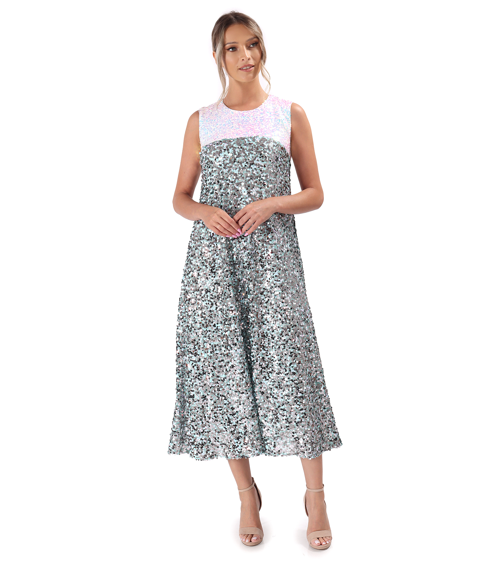 Midi evening dress made of multicolored sequins