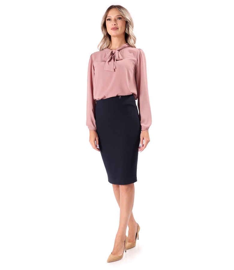 Casual blouse with scarf collar and tapered skirt