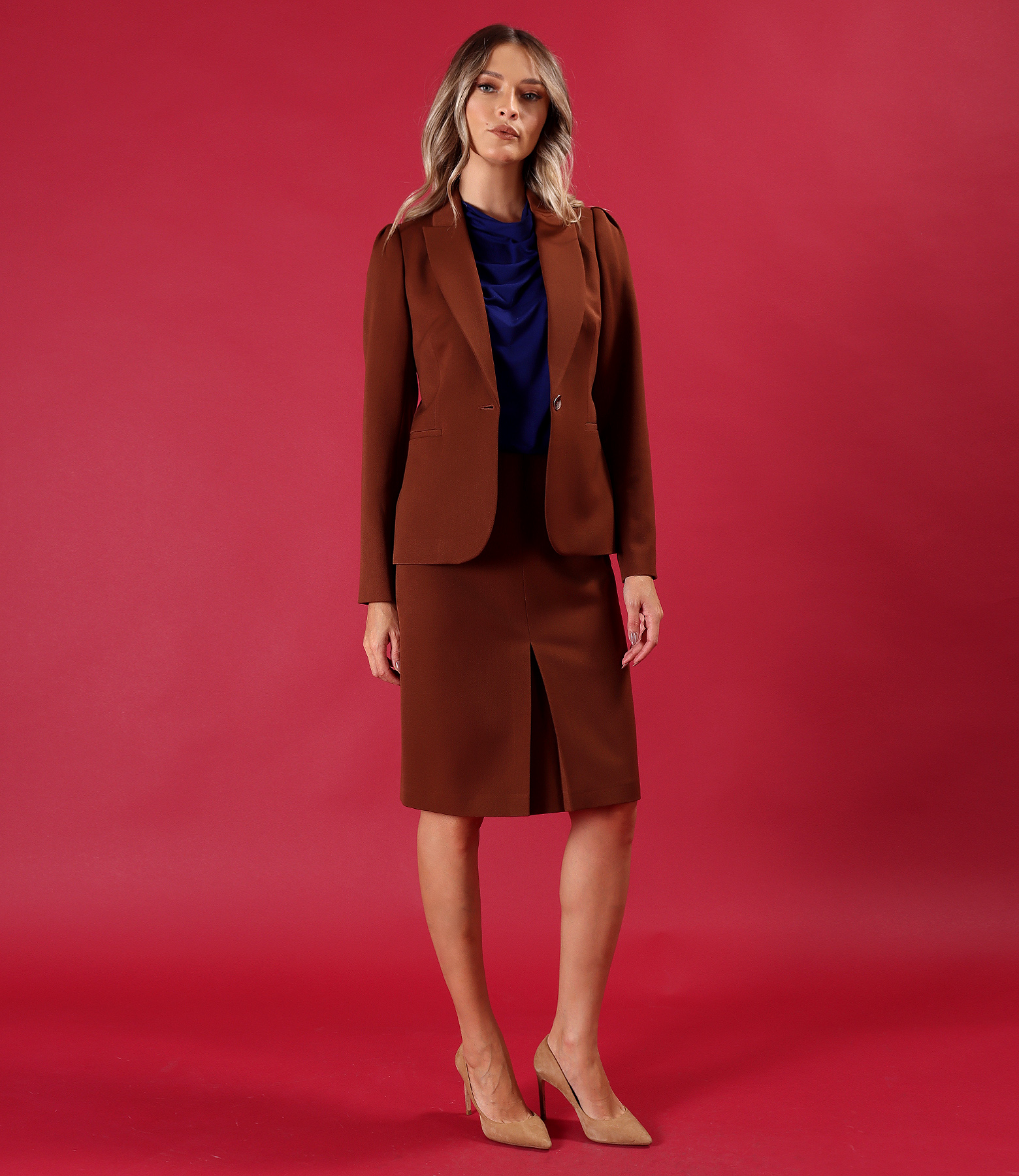 Womens office suit with jacket and flared skirt made of elastic fabric