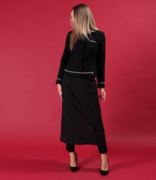 Lace midi skirt with ankle pants and boucl jacket