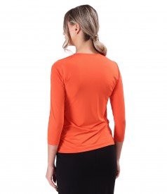 Elastic jersey blouse with pleated neckline and 3/4 sleeves