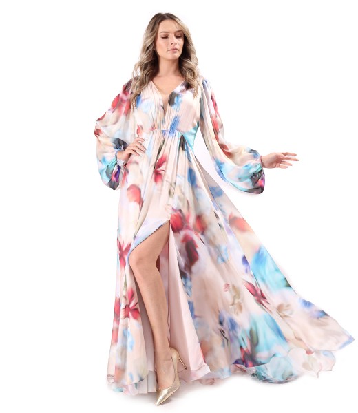 Long evening dress made of printed veil