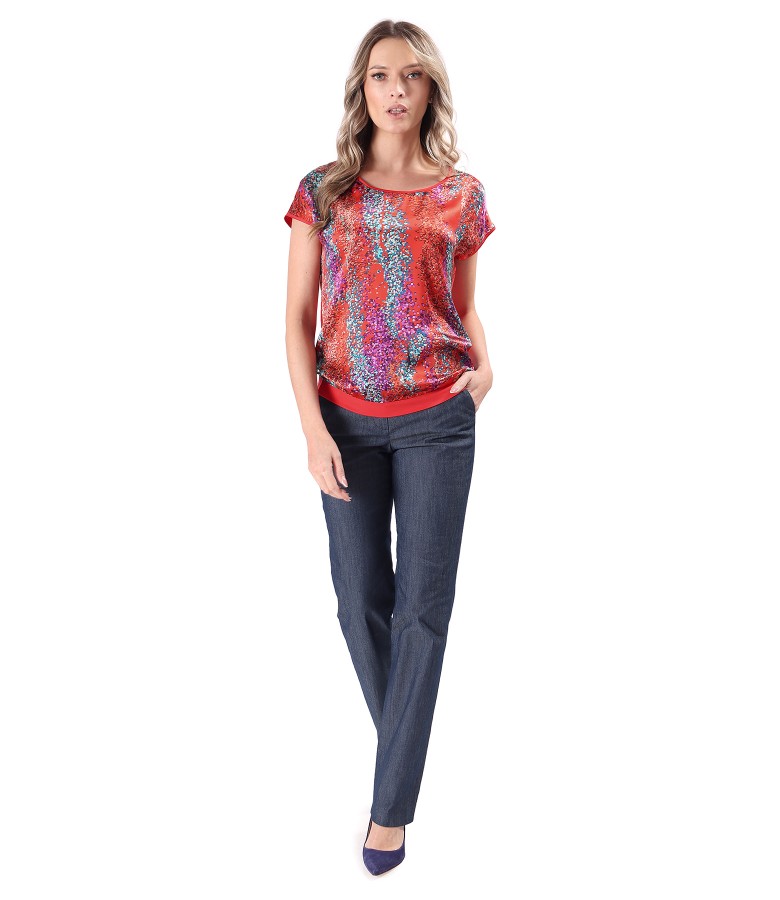 Blouse with natural silk front and straight elastic denim pants