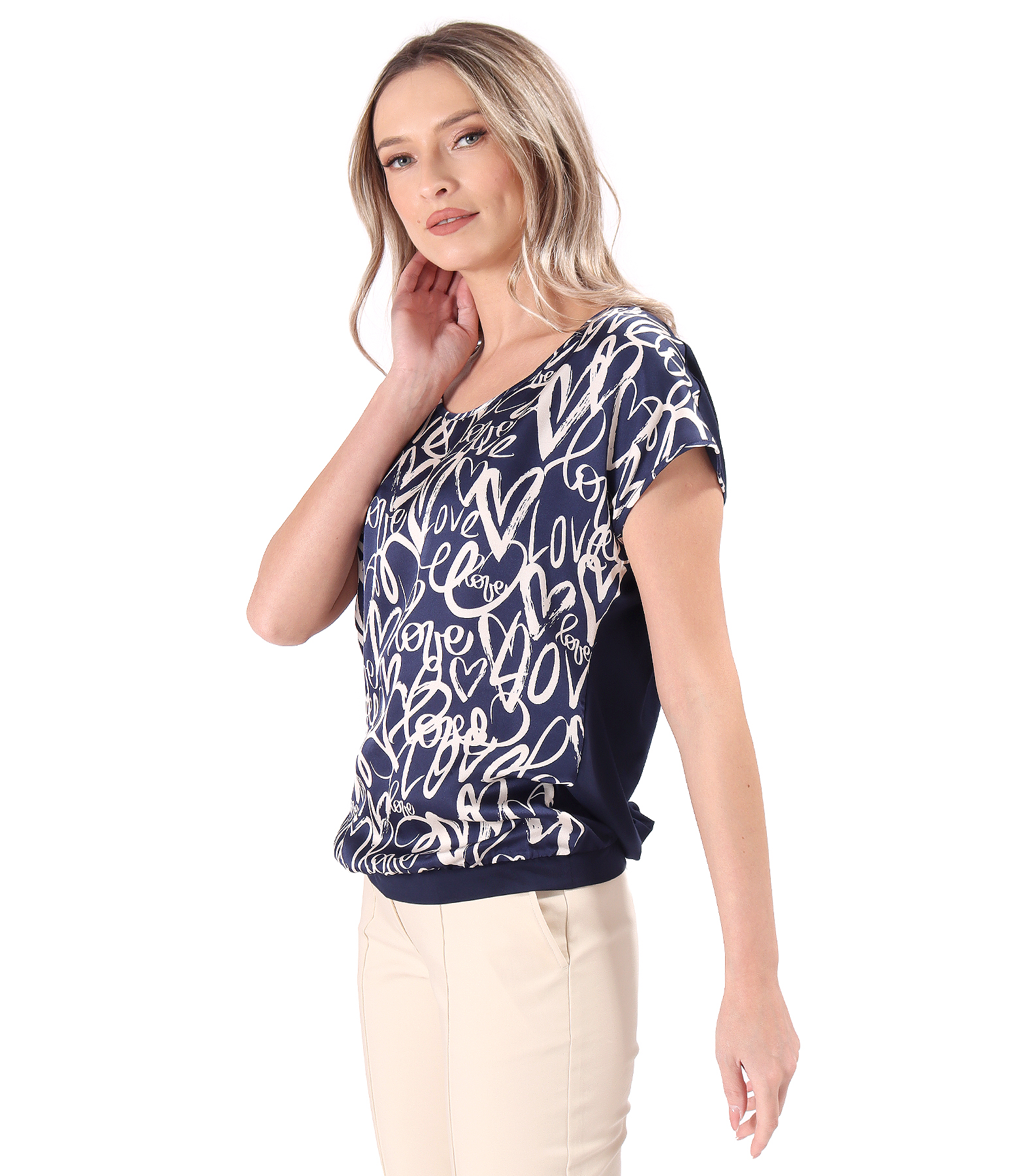 Casual blouse with front made of printed viscose satin