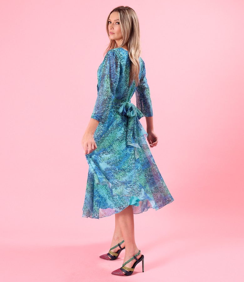 Printed veil midi dress with a cord at the waist