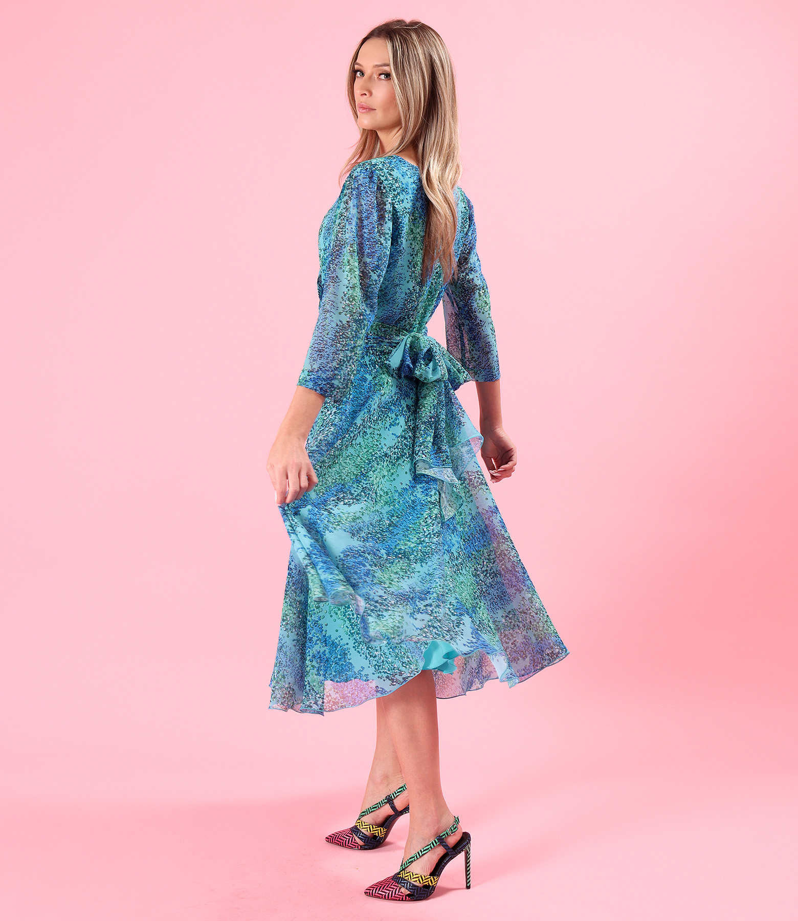 Printed veil midi dress with a cord at the waist