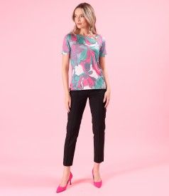 Printed elastic jersey blouse with ankle pants