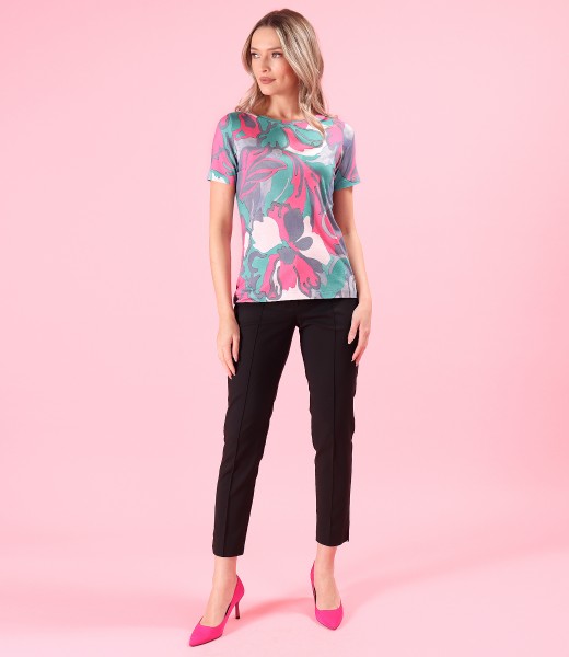 Printed elastic jersey blouse with ankle pants