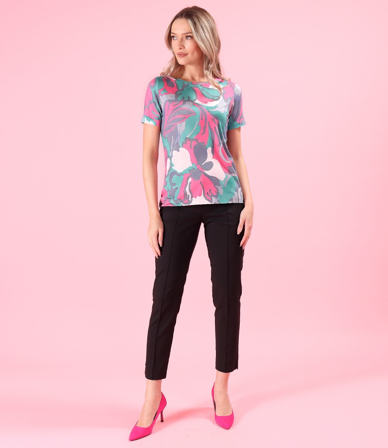 Printed elastic jersey blouse with ankle pants