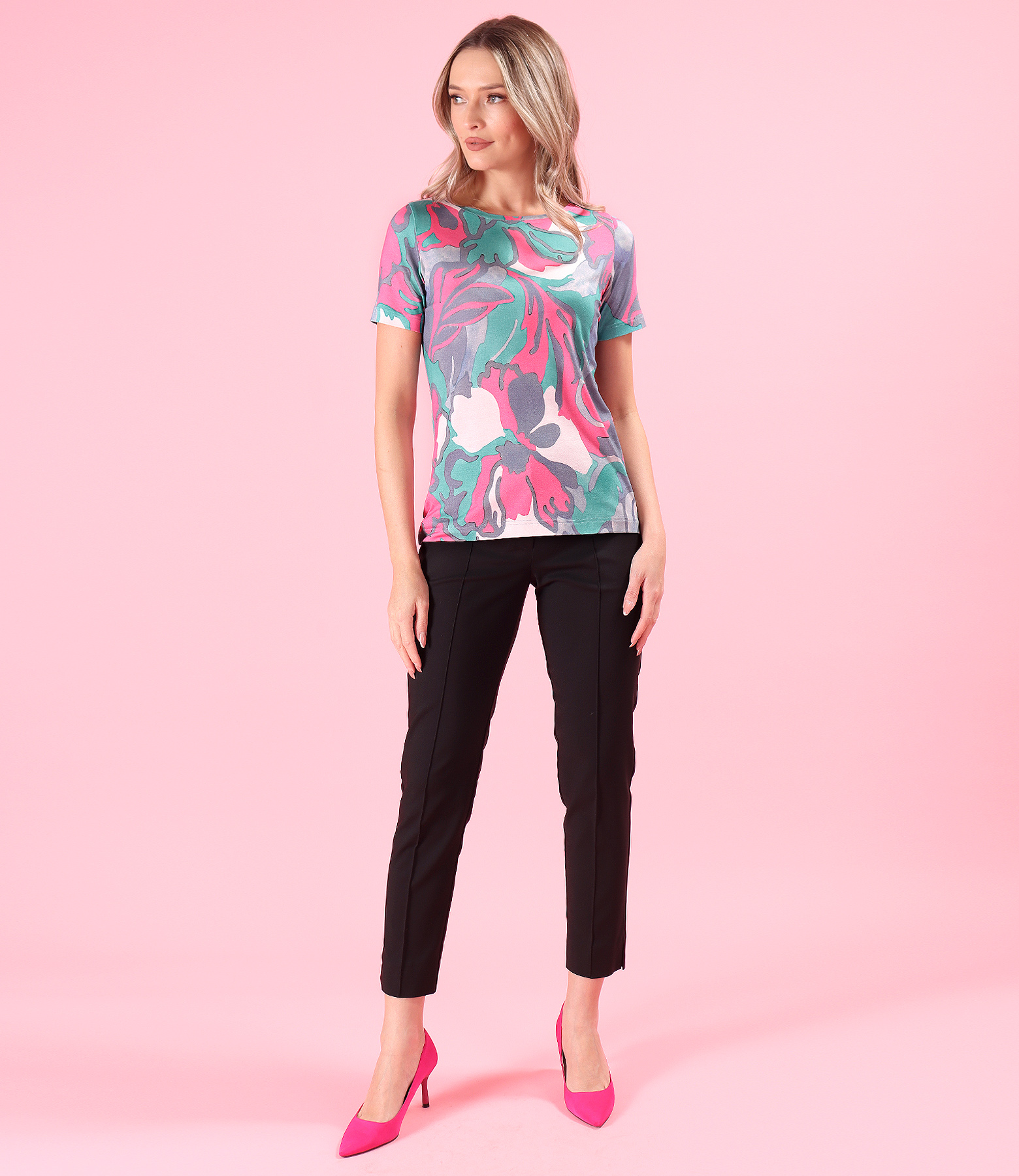 Printed elastic jersey blouse with ankle pants