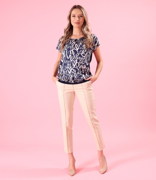 Ankle pants with viscose satin blouse