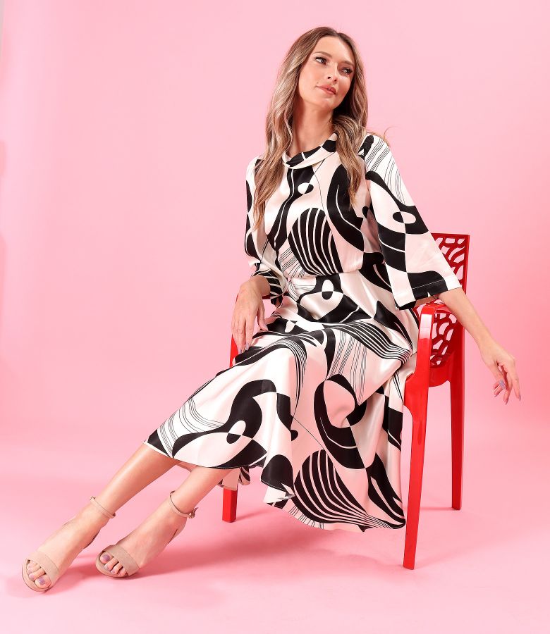 Midi viscose satin dress printed with geometric motifs