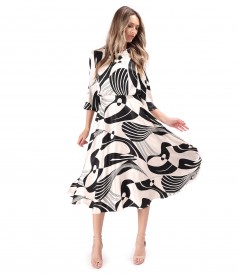 Midi viscose satin dress printed with geometric motifs