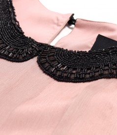 Silk voile dress with round collar with beads