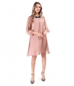 Silk voile dress with round collar with beads