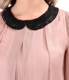 Silk voile dress with round collar with beads