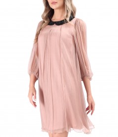 Silk voile dress with round collar with beads
