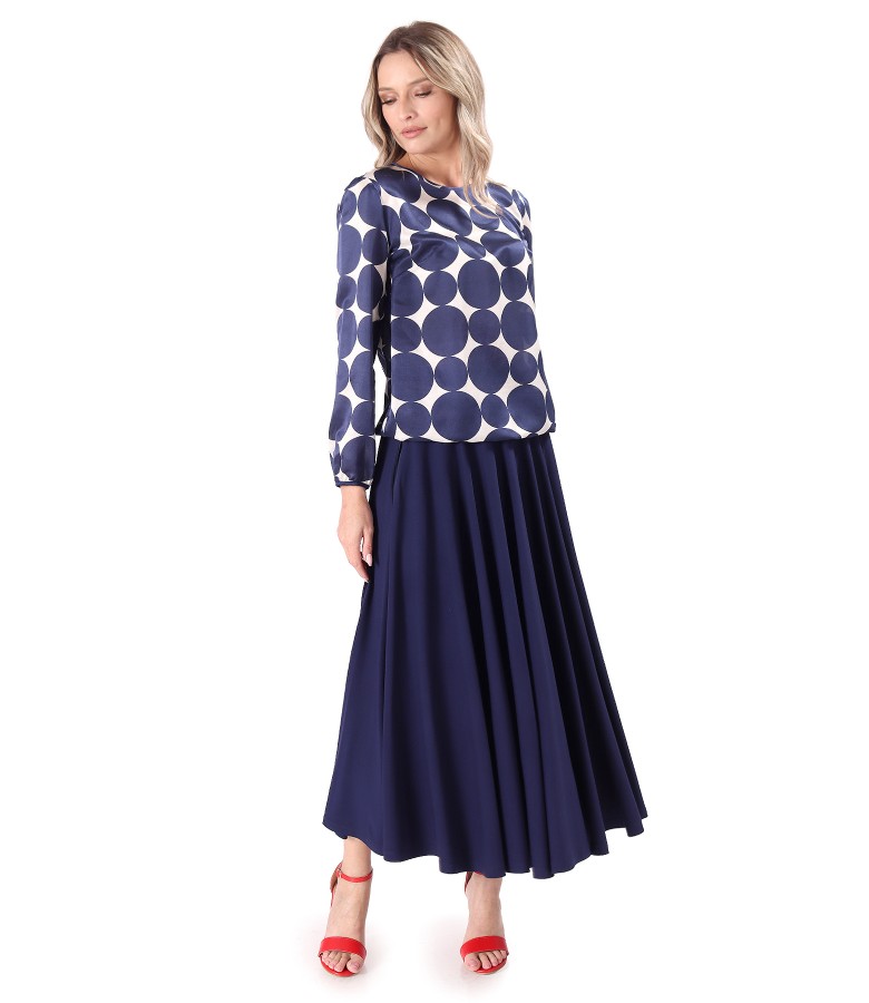 Elegant outfit with long jersey skirt and blouse made of cotton with silk