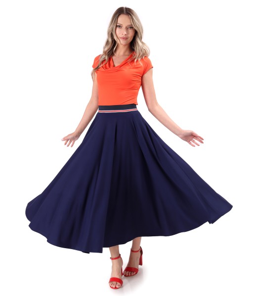 Long skirt with elastic jersey blouse with pleats at the neckline